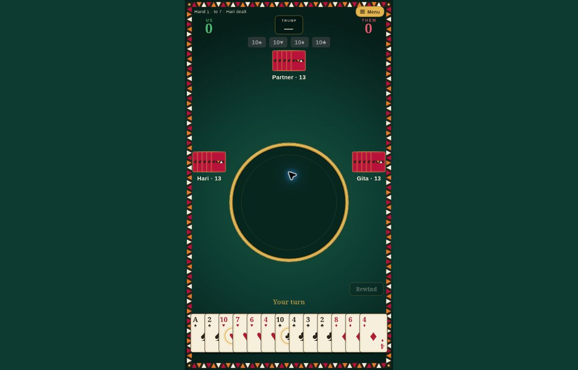 10 Maara gameplay showing a green card table, four players and a hand of cards.