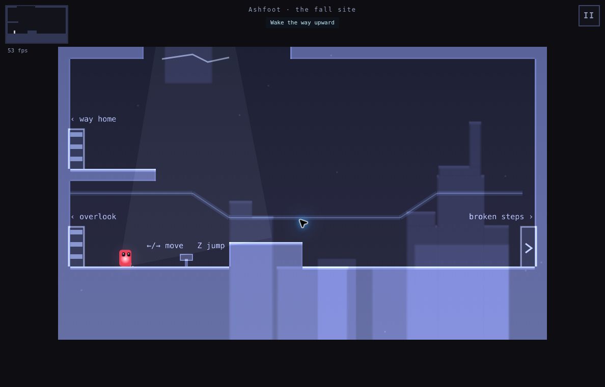 Platformer gameplay with a red character exploring a blue-lit platform level.